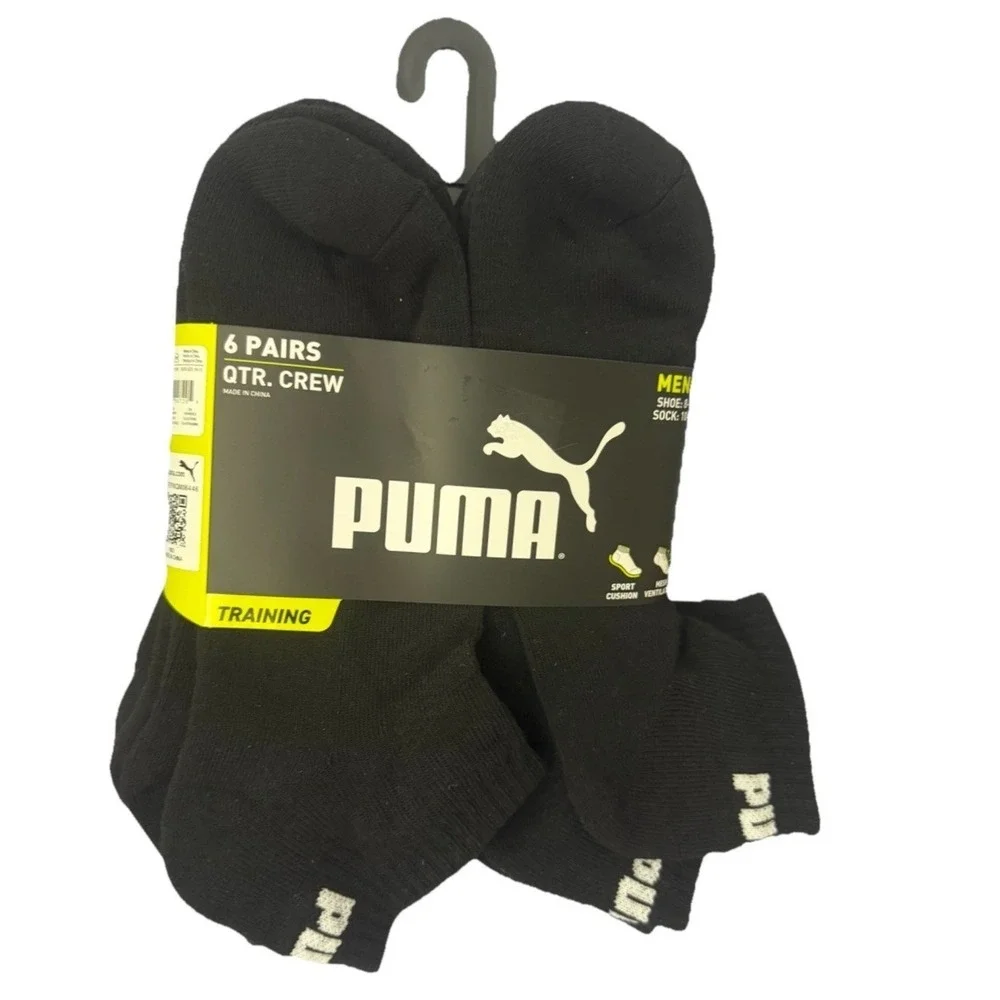 Puma Men's Training Cushioned Black Socks 6 Pairs Quarter‎ Crew Size 10-13 New